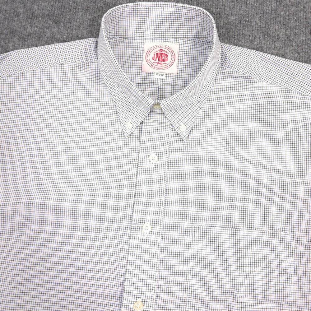 J. Press Dress Shirt Mens 16.5-32 Blue Black Check Front Pocket Made In USA